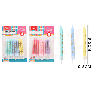 Velas Cumpleaños estampada color Pastel 9.5cm 8pcs
