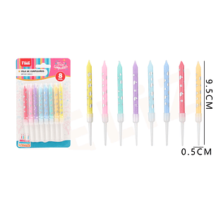 Velas Cumpleaños estampado Plateado color Pastel 9.5cm 8pcs