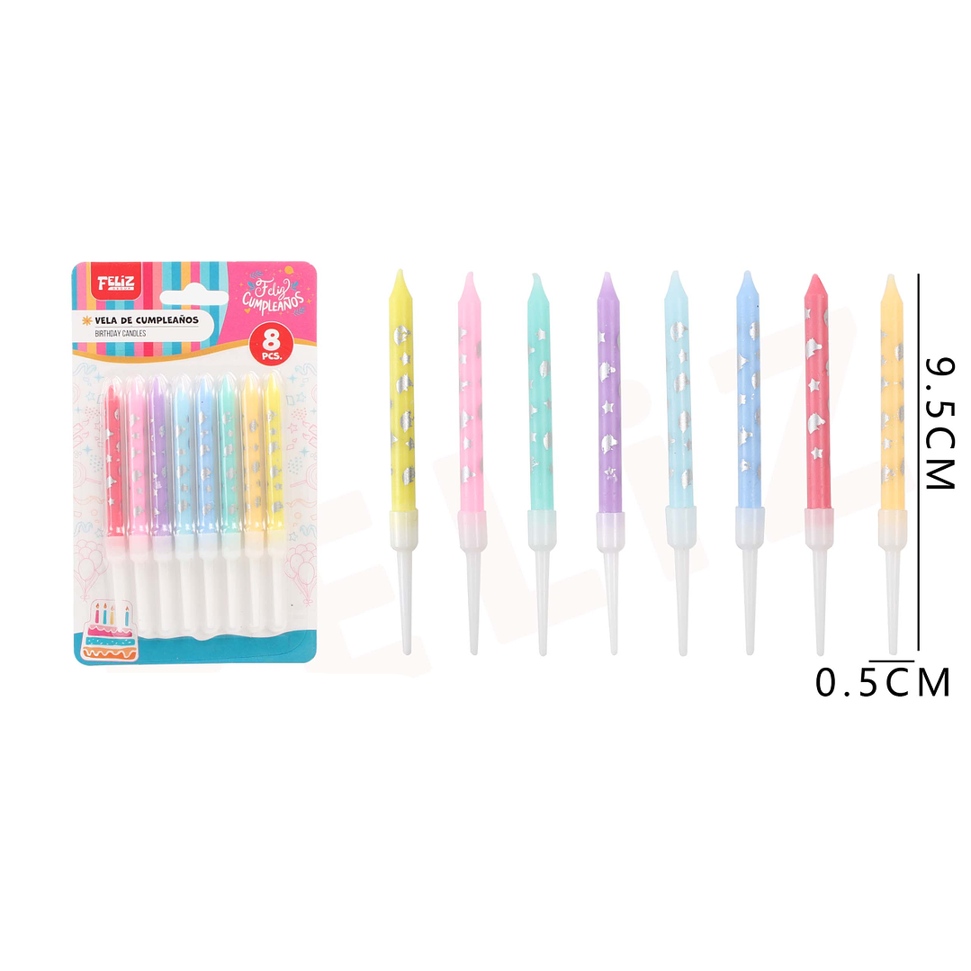 Velas Cumpleaños estampado Plateado color Pastel 9.5cm 8pcs 1