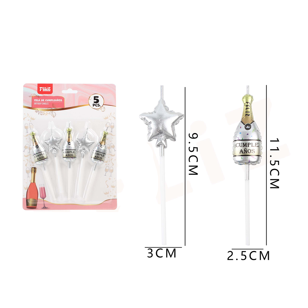 Velas Cumpleaños Champagne y Estrellas Plateado 5pcs 1