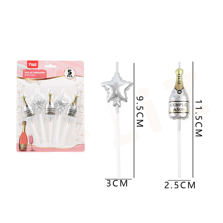 Velas Cumpleaños Champagne y Estrellas Plateado 5pcs 1