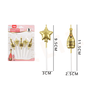 Velas Cumpleaños Champagne y Estrellas Dorado 5pcs