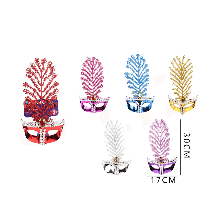 Antifaz Unicolor con Pluma y piedra preciosa 24cm 1