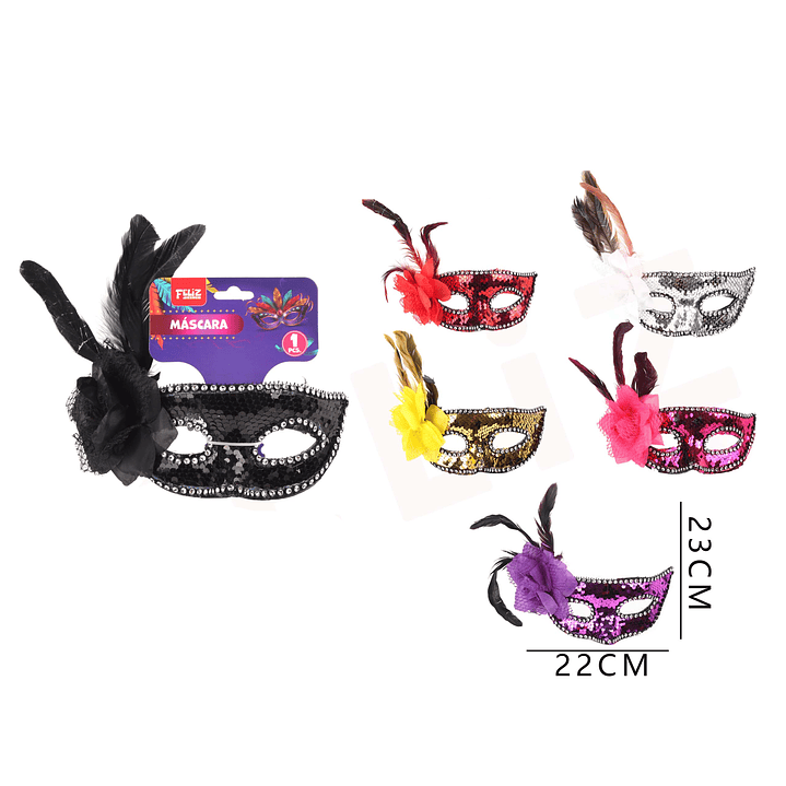 Antifaz Unicolor de lentejuelas, rosas y plumas 1