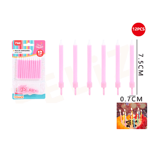 Velas de Cumpleaños rosada con soporte 7.5x0.7cm 12pcs
