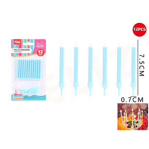 Velas de Cumpleaños celeste con soporte 7.5x0.7cm 12pcs