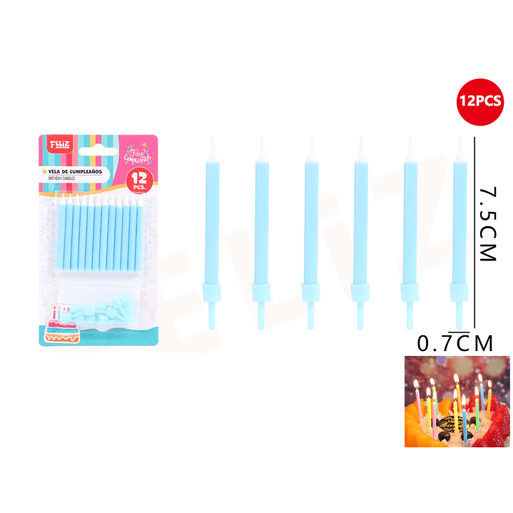 Velas de Cumpleaños celeste con soporte 7.5x0.7cm 12pcs 1