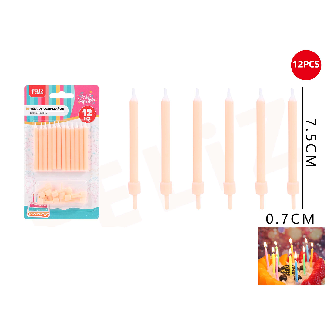 Velas de Cumpleaños durazno con soporte 7.5x0.7cm 12pcs 1