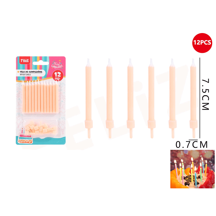 Velas de Cumpleaños durazno con soporte 7.5x0.7cm 12pcs 1