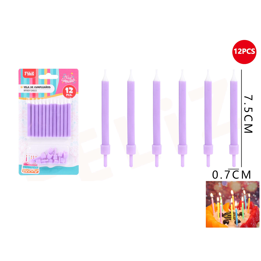 Velas de Cumpleaños morado con soporte 7.5*0.7cm 12pcs 1