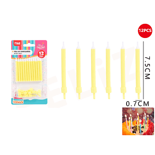Velas de Cumpleaños amarillo con soporte 7.5x0.7cm 12pcs