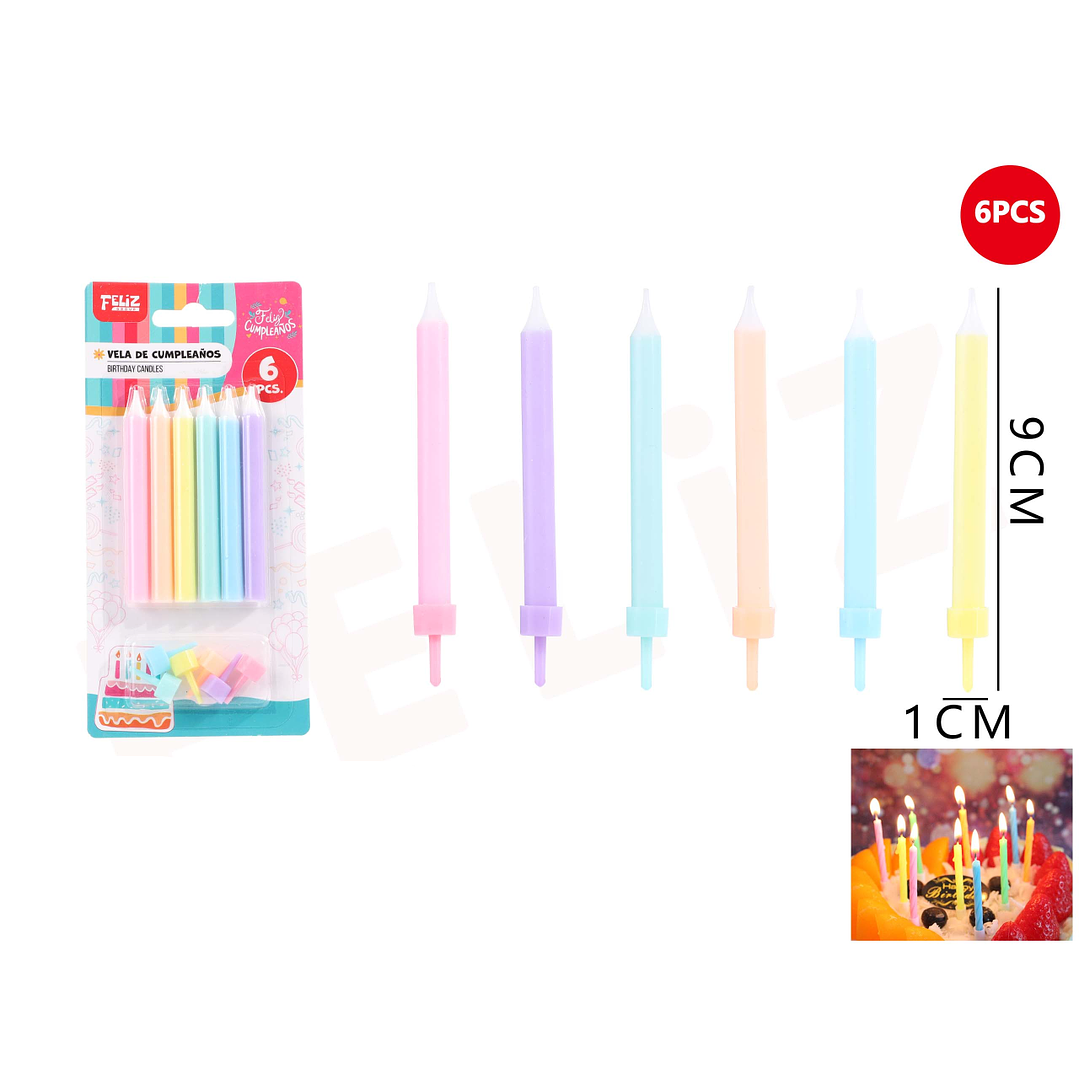 Velas de Cumpleaños multicolor con soporte 9x1cm 6pcs 1