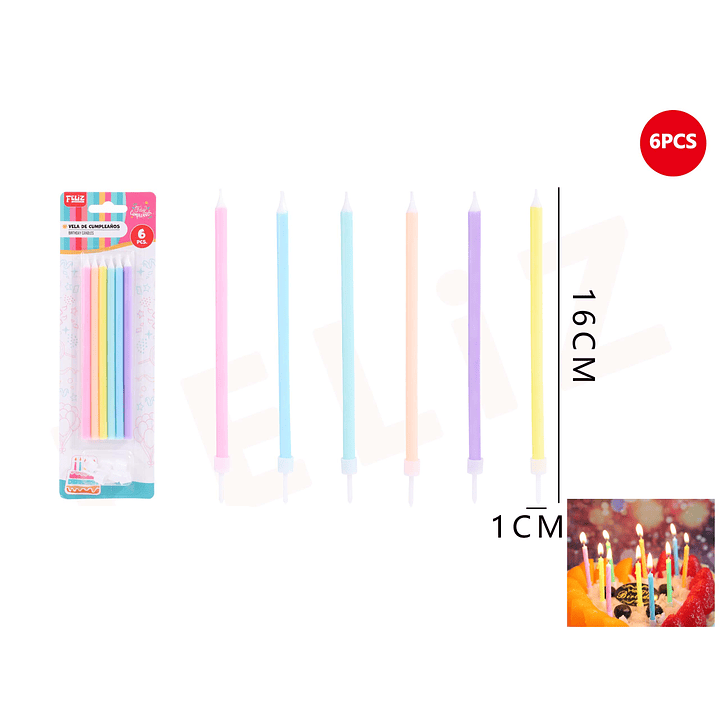 Velas de Cumpleaños colores con soporte 16x1cm 6pcs 1