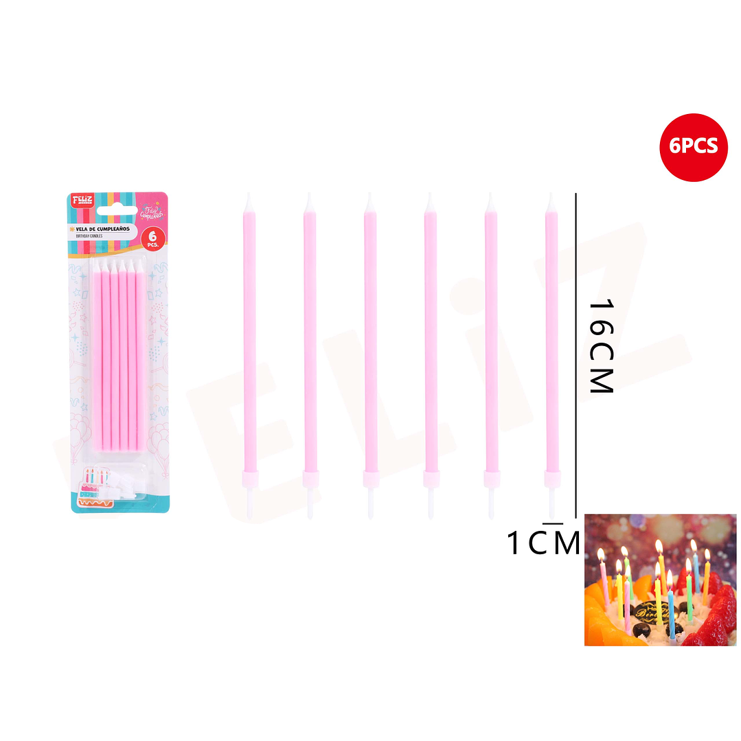 Velas de Cumpleaños rosada con soporte 16x1cm 6pcs 1