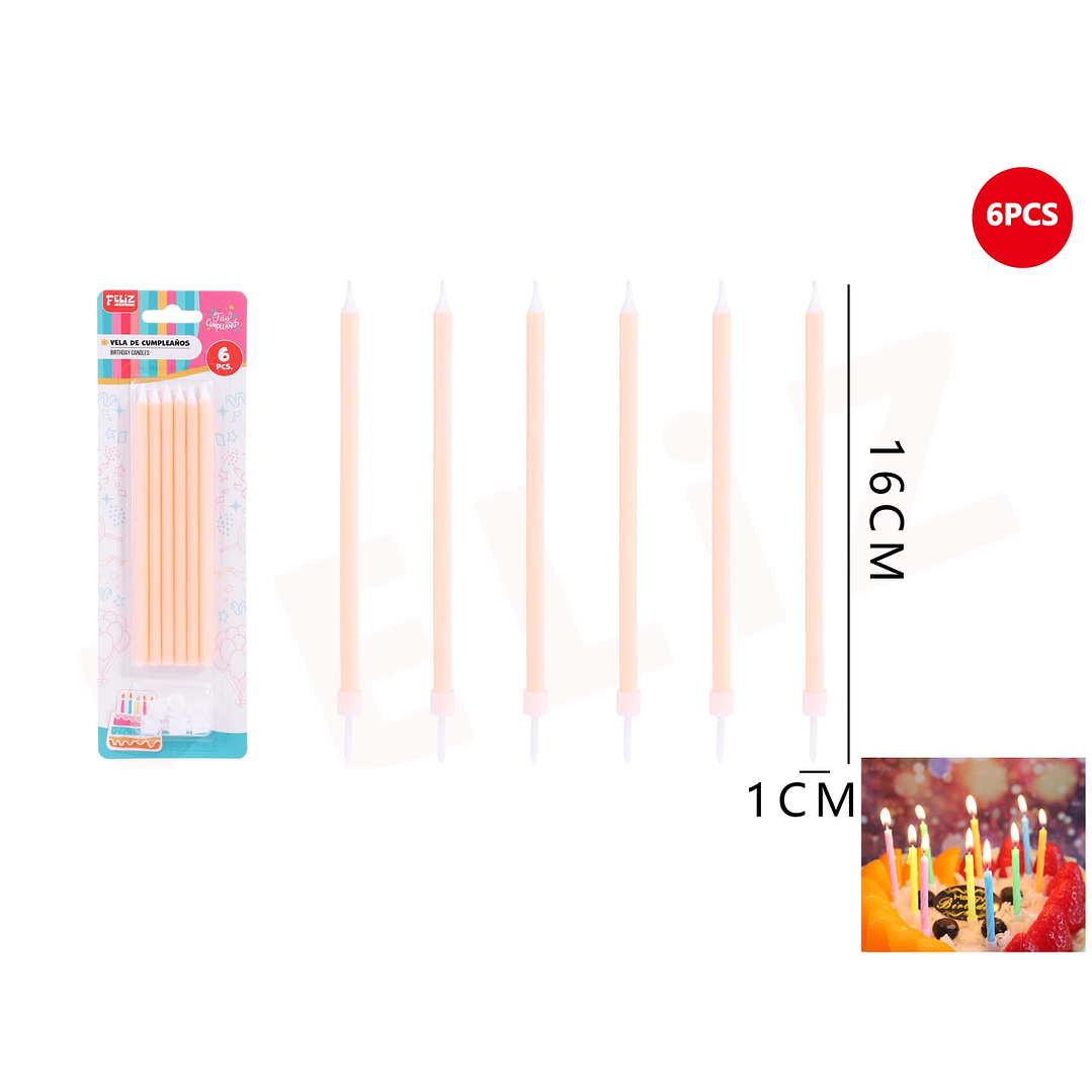 Velas de Cumpleaños durazno con soporte 16*1cm 6pcs 1