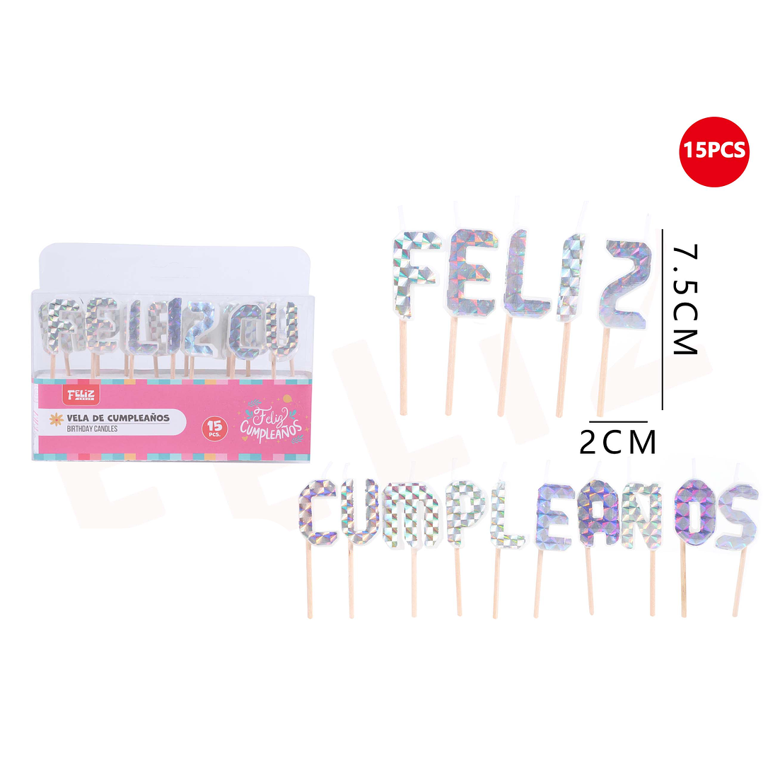 Velas con Frase Feliz Cumpleaños Plateado 7.5*2cm 15pcs 1