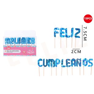 Velas con Frase Feliz Cumpleaños Celeste 7.5x2cm 15pcs