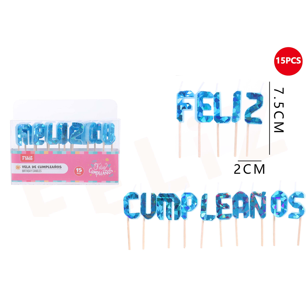 Velas con Frase Feliz Cumpleaños Celeste 7.5x2cm 15pcs 1