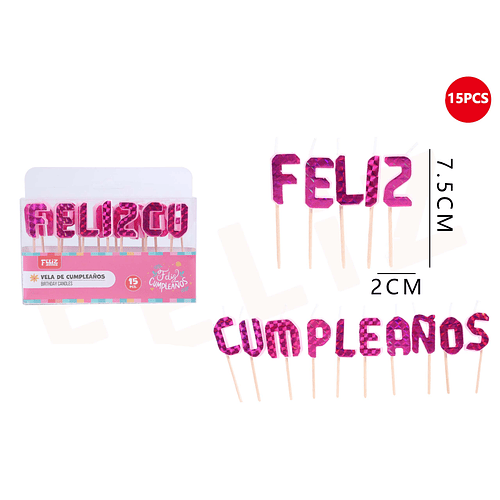 Velas con Frase Feliz Cumpleaños Rosado 7.5*2cm 15pcs