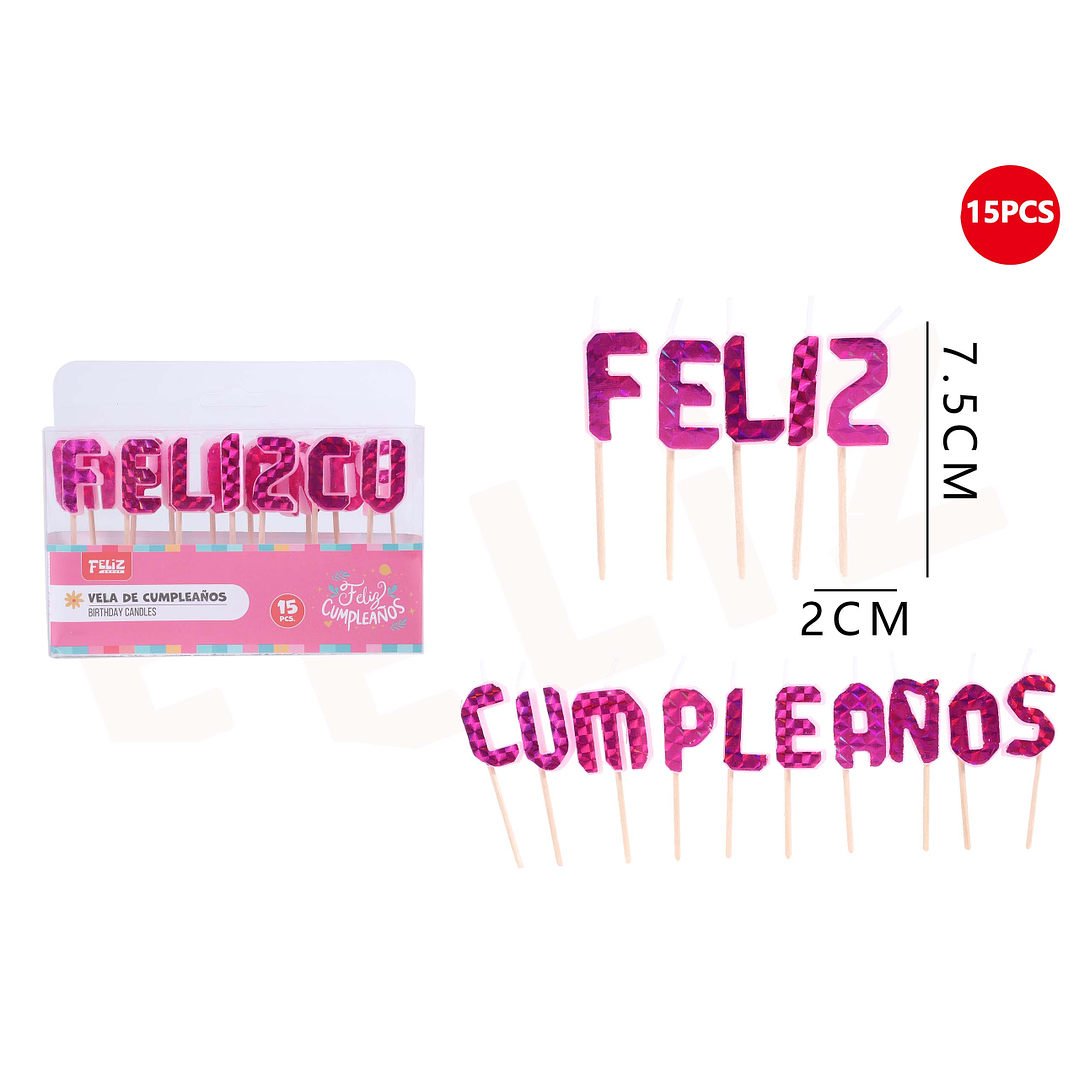 Velas con Frase Feliz Cumpleaños Rosado 7.5*2cm 15pcs 1