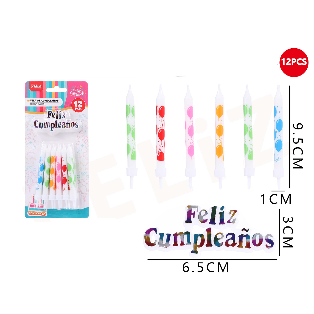 Velas de Cumpleaños con globos multicolor 9.5x1cm 12pcs 1