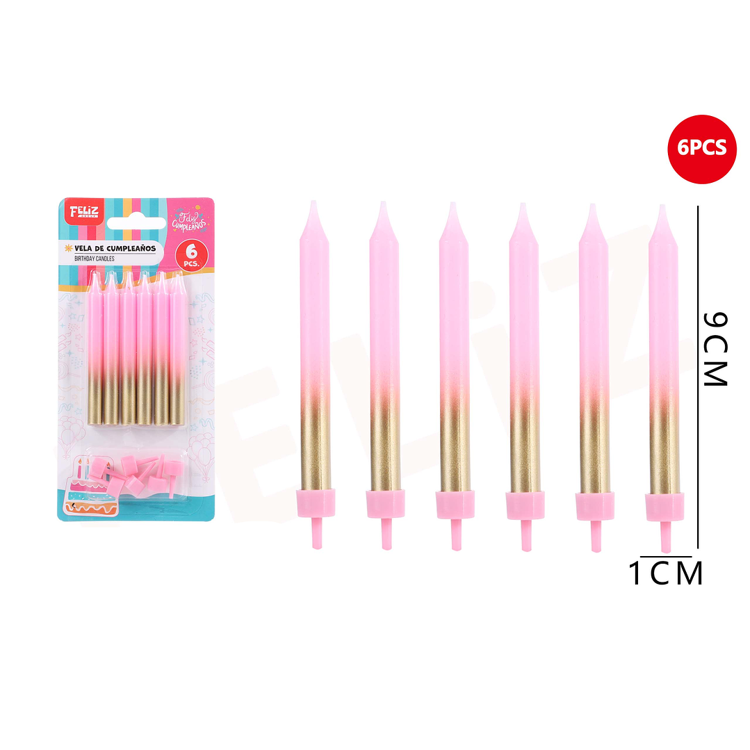 Velas de Cumpleaños Rosado con dorado 9x1cm 6pcs 1