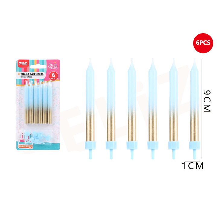 Velas de Cumpleaños celeste con dorado 9x1cm 6pcs 1