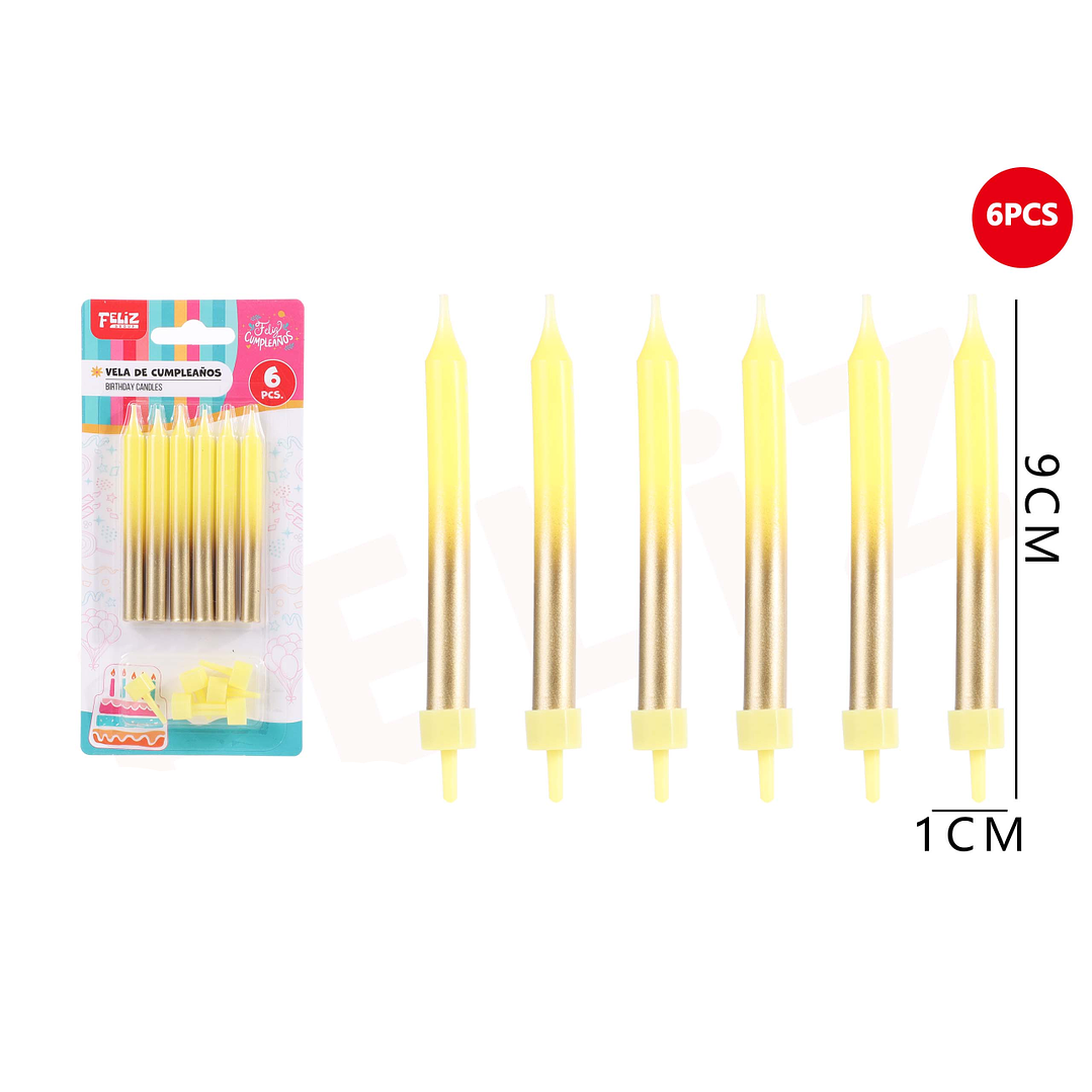 Velas de Cumpleaños Amarillo con dorado 9x1cm 6pcs 1