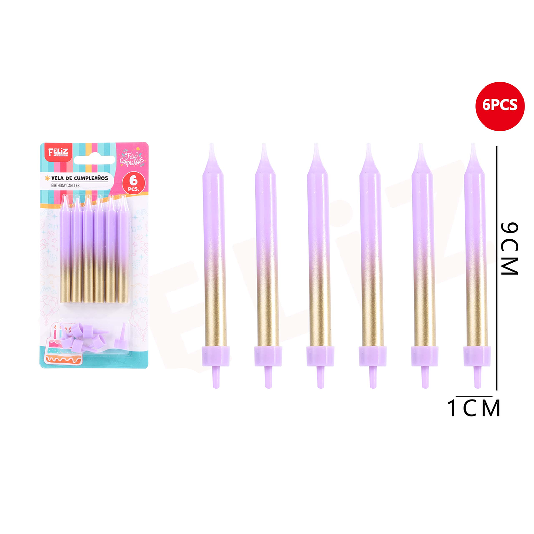 Velas de Cumpleaños morado con dorado 9x1cm 6pcs 1