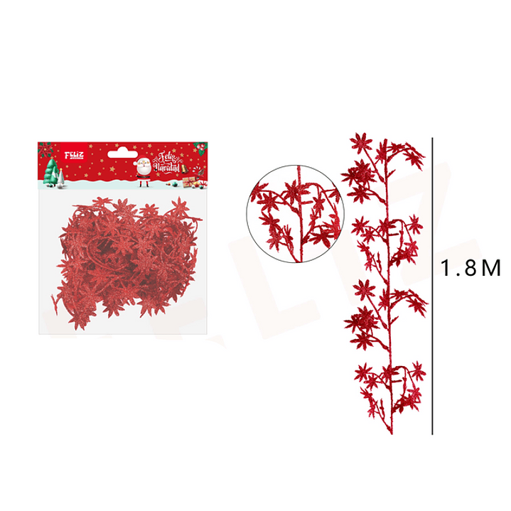 Guirnalda hojas de navidad roja glitter 1.8M 1