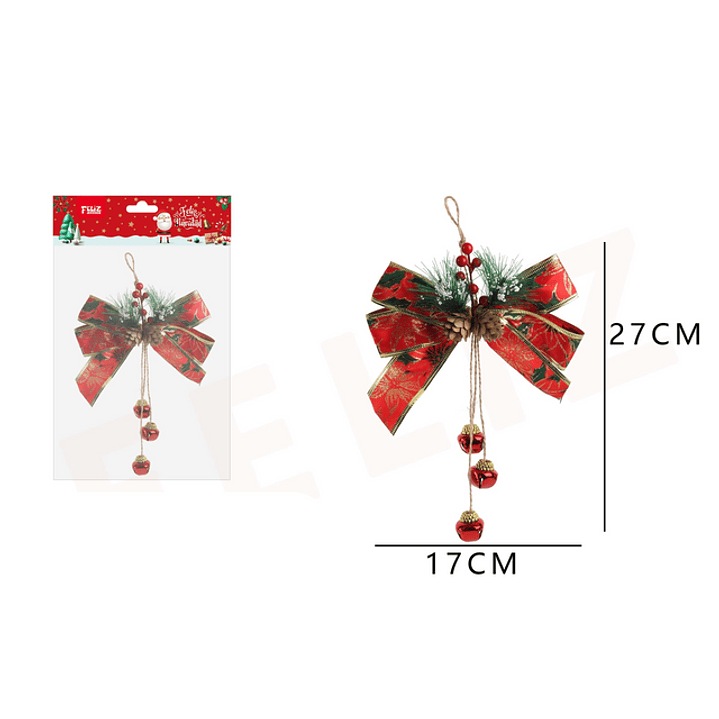 Adorno lazo rojo con detalles dorados y cascabeles 17x27 cm 1