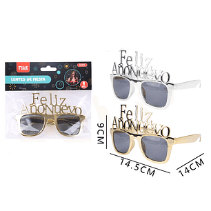 Lentes cuadrado feliz año nuevo metalizado 9x14.5x14 cm