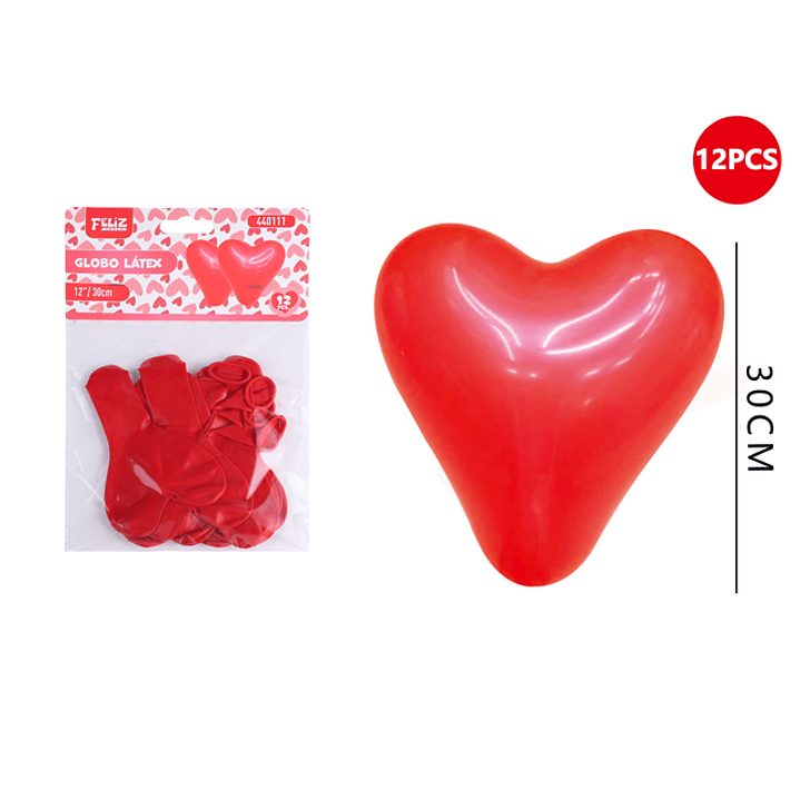 Globo Látex Corazón Rojo 30Cm 12Pcs 1