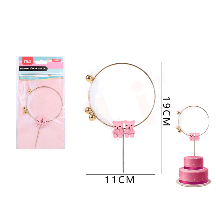 Decoración torta cirulo dorado con osos rosa 11x19 cm 1