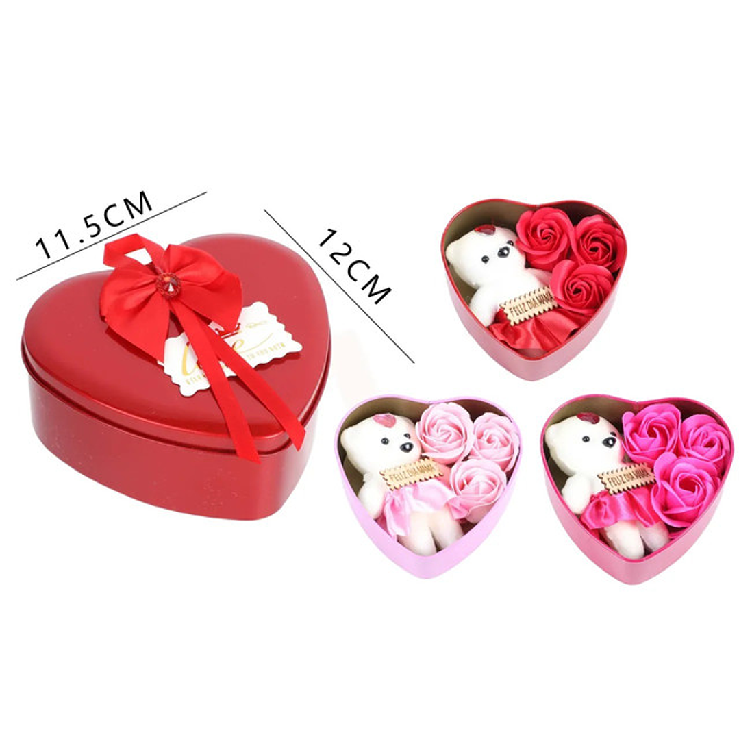 Caja corazon con flores y osito feliz día mamá 11.5x12cm 1