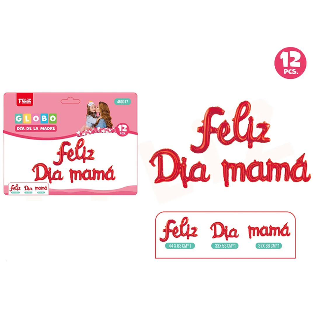 Set globos Feliz día Mamá Rojo cursivo 12pcs 1