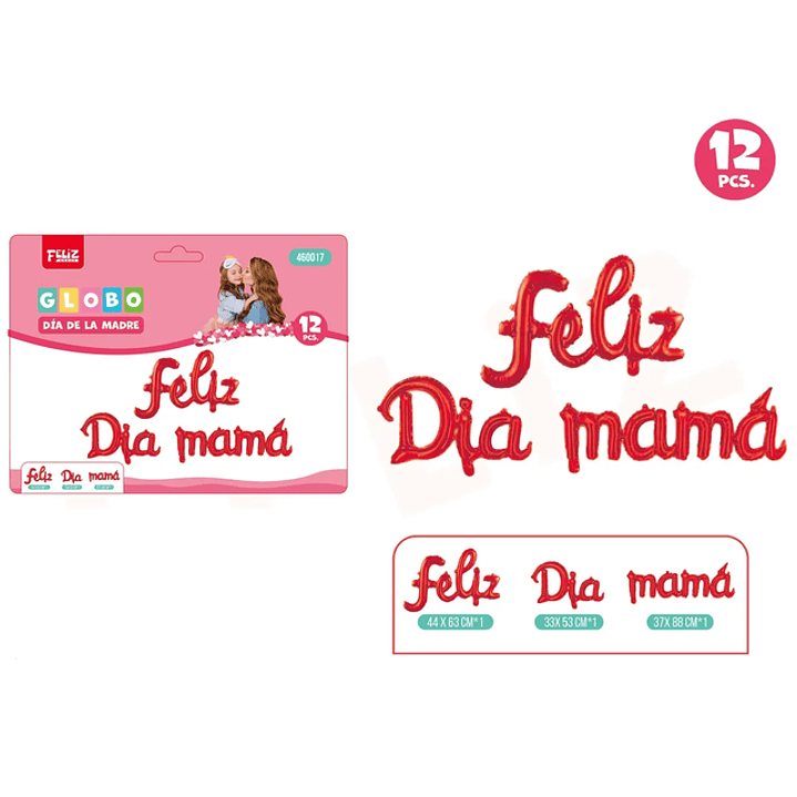 Set globos Feliz día Mamá Rojo cursivo 12pcs 1