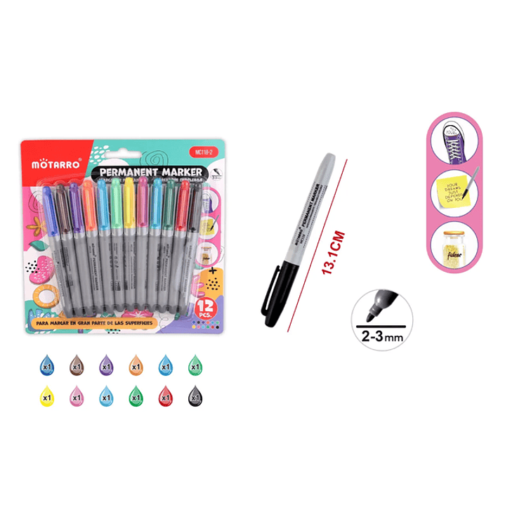 Plumón permanente set 12 colores 2/3mm 1