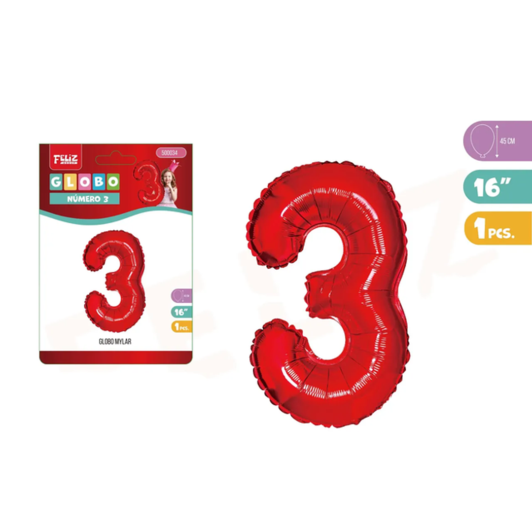 Globo Aluminio Rojo 45cm Número 3 1