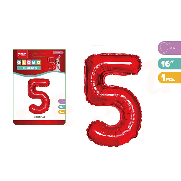 Globo Aluminio Rojo 45cm Número 5 1