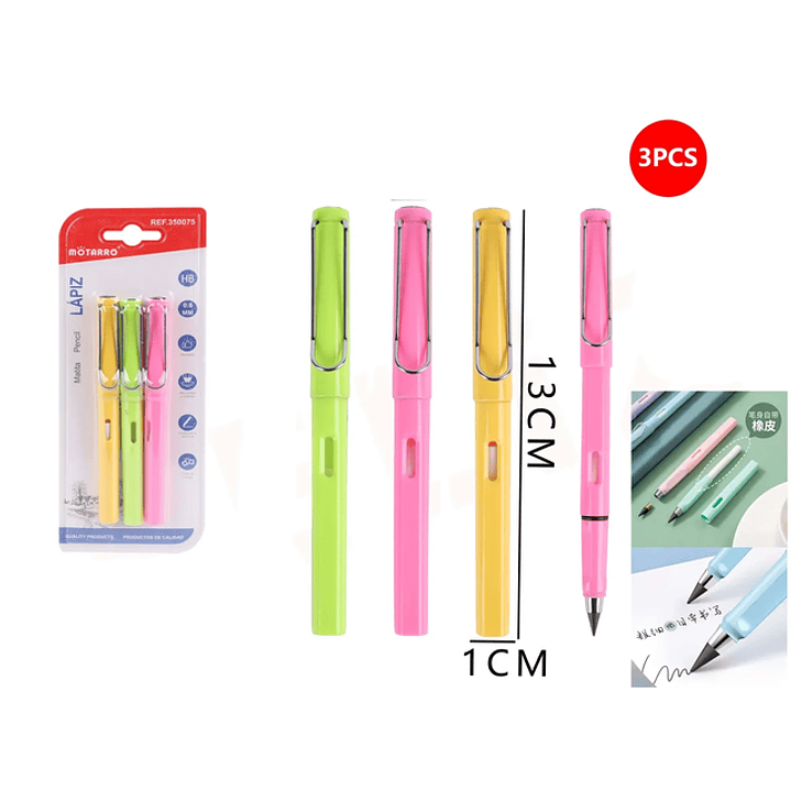 3pcs Lápiz Grafito Infinito Verde/Rosa/Amarillo 13cm 1