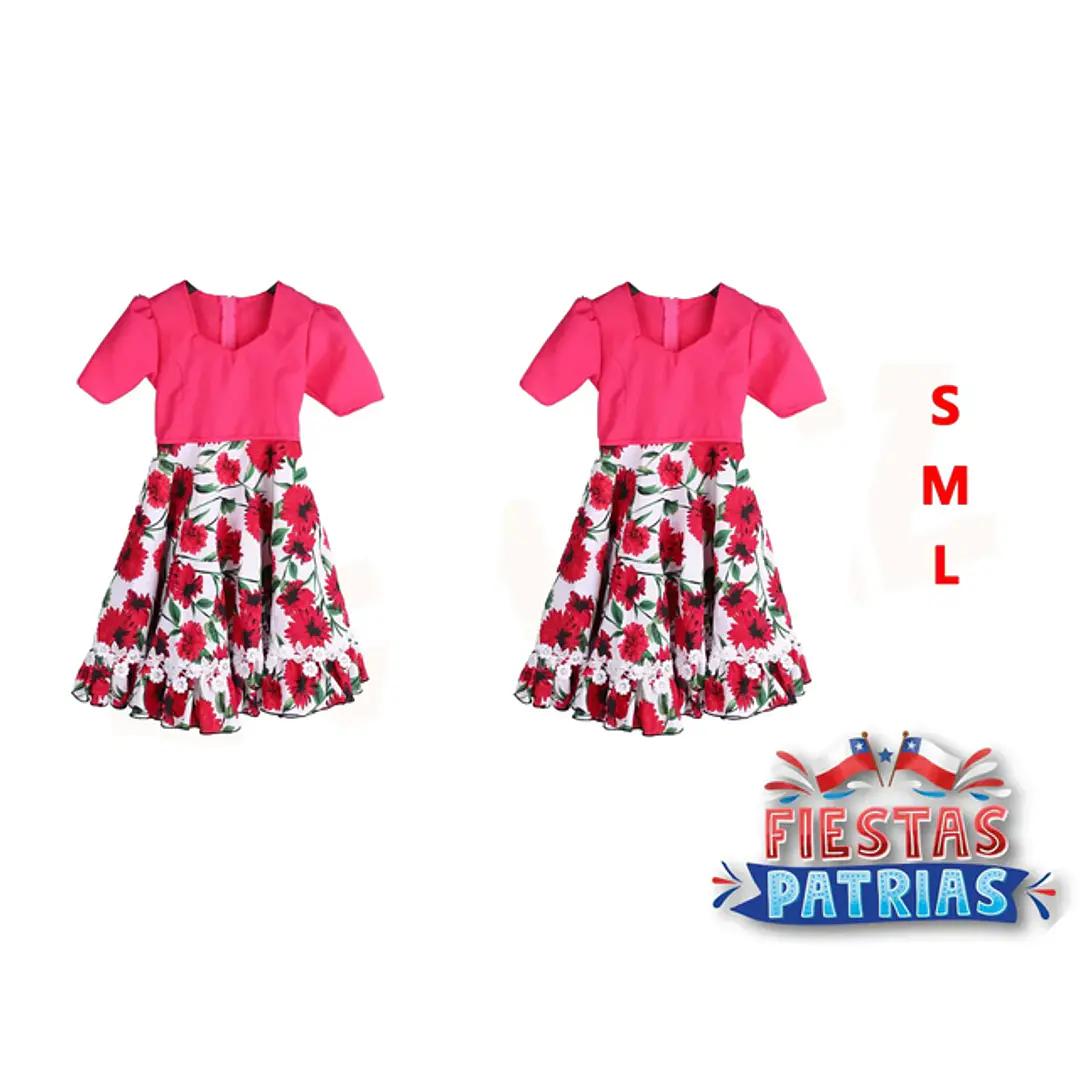 Vestido de Huasa rosa con flores tallas S/M/L 1