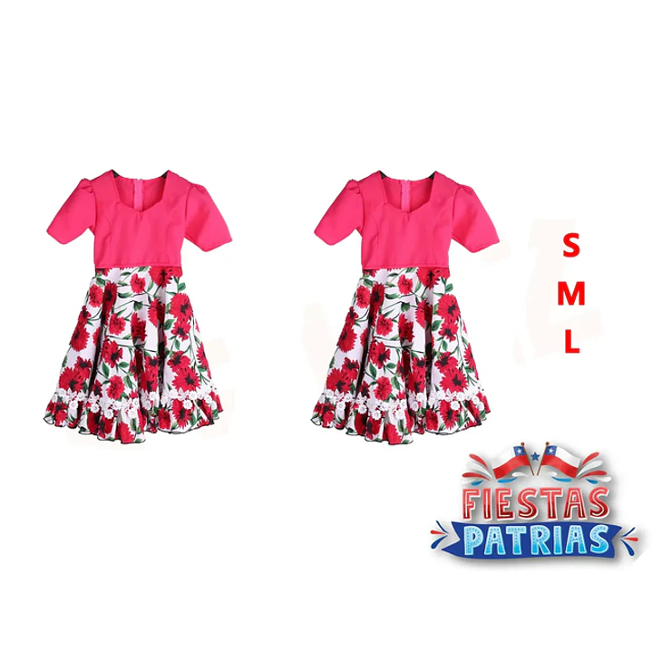 Vestido de Huasa rosa con flores tallas S/M/L 1