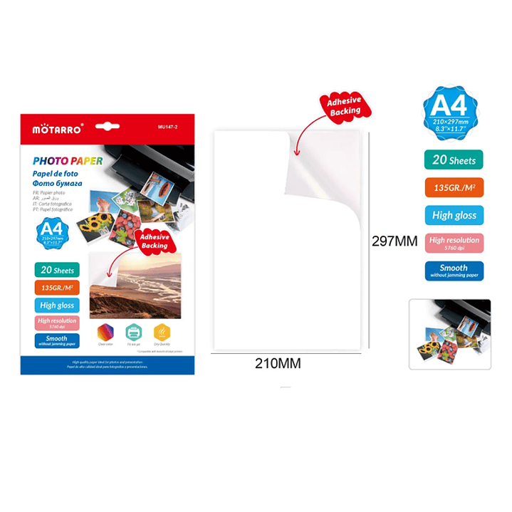 Papel Fotografico Adhesivo 210x297mm 20pcs A4 1