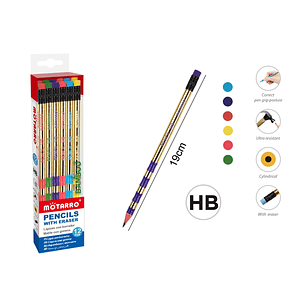 Lápiz Grafito con goma HB 19cm 12pcs