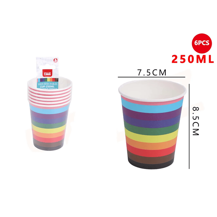 Vasos Cartón Arcoiris 250ML 6pcs 1