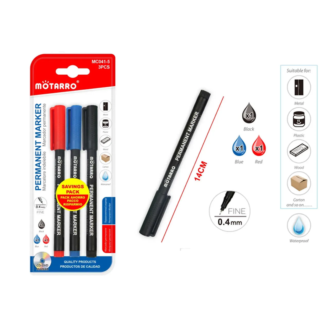 Marcador Permanente Fino Tricolor 0.4mm 14Cm 3pcs 1