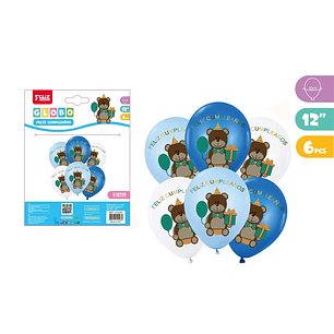 Globos De Cumpleanos Ositos Con Regalo Celeste 6Pcs