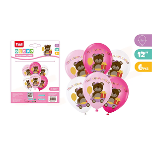 Globos De Cumpleanos Ositos Con Regalo Rosado 6Pcs