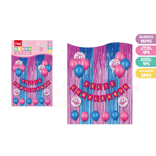 Set de Guirnalda+Cortina+Globos Fucsia & Azul